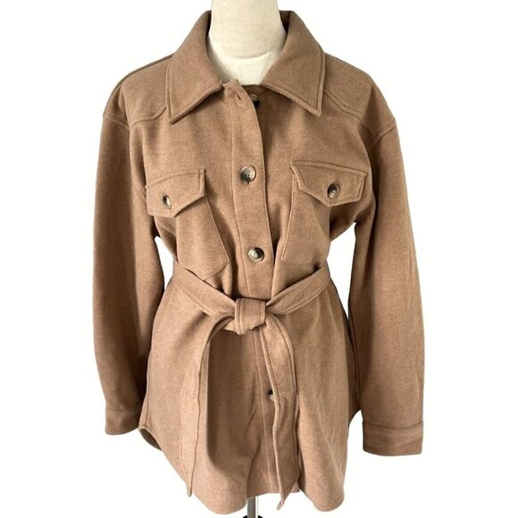 Joie Jackets & Blazers - Joie Mid Length Jacket Shacket Sz M Tan Camel Lined Button Down Belted Pockets